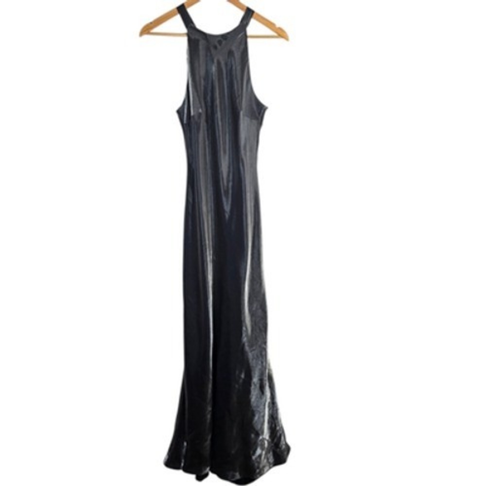 YL by Yair Metallic Halter Maxi Dress Womens Size 10 Black Formal Evening Gown